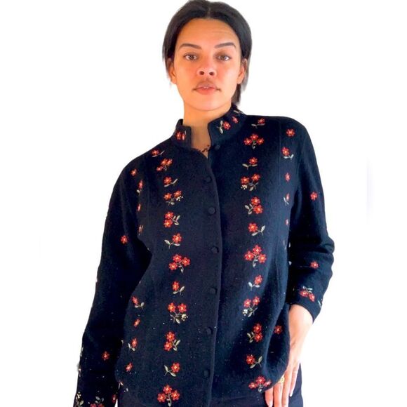 Vintage Talbots 100% wool red floral embroidered black jacket stand up collar xl - Picture 1 of 10